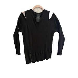 HEATHER Womens Ribbed Knit Cold Shoulder Zipper Hem Pullover Sweater Black S